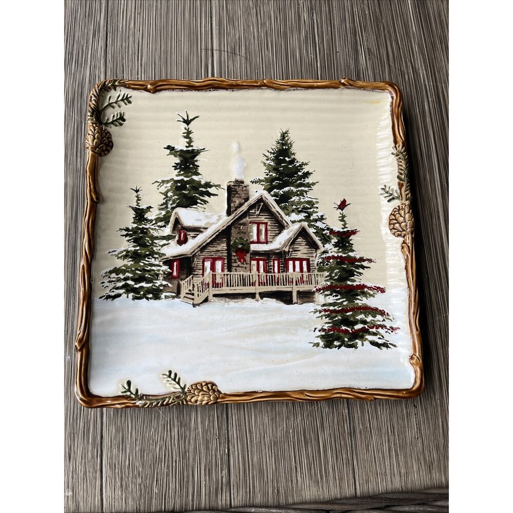 St. Nicholas Square “Snow Valley” Square Plate 10.5" Snowy Cabin Pine Tree